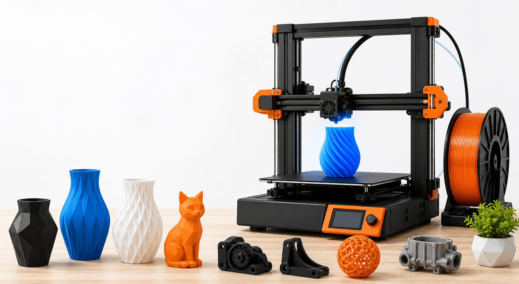 Impressora 3D com peças impressas ao redor: vasos, chaveiro, miniatura e peça técnica
